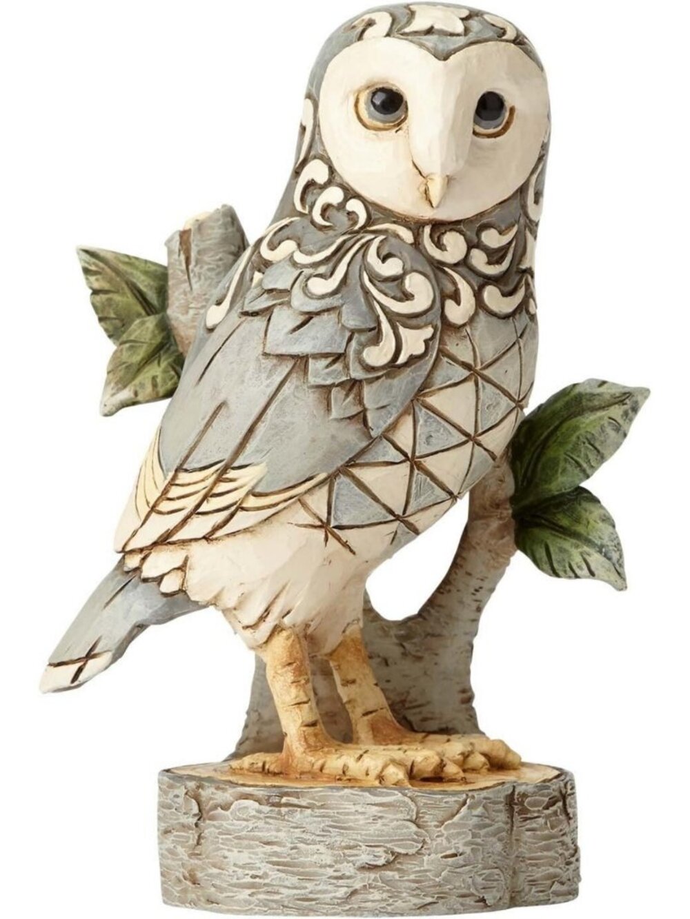Charming White Woodland Owl Figurine on Branch - Stone Resin, 4.49" Decor